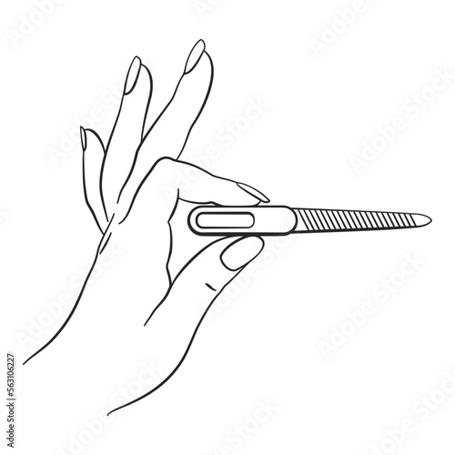 Nail technician hand holding nail file for manicure concept as line drawing vector