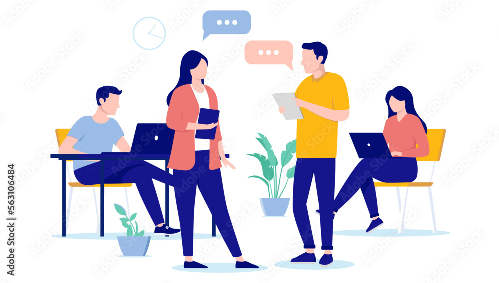 Work talk and discussion - People in office having business conversation with speech bubbles and digital devices in hands. Flat design vector illustration with white background Work talk and discussion - People in office having business conversation with speech bubbles and digital devices in hands. Flat design vector illustration with white background