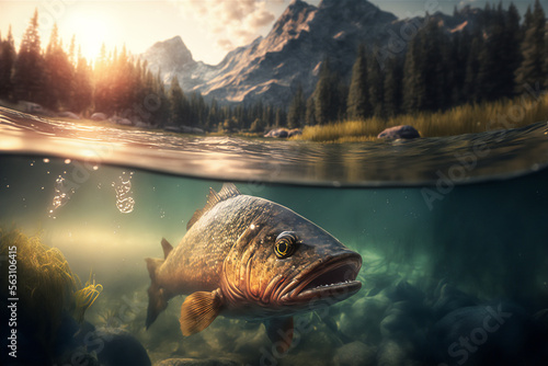 view of a trout underwater in the mountain stream at sunrise. Generative AI