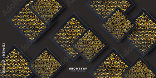 Luxury black and gold background with square and gold halftones, poster, brochure template