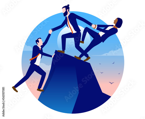Business team helping each other - Three people on top of mountain giving a helping hand to colleague in white oval frame. Flat design vector illustration