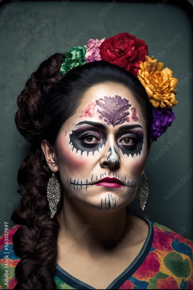 Dia de los muertos, Mexican holiday of the dead and halloween. Woman with sugar skull make up and flowers. This image is generated with generative AI Dia de los muertos, Mexican holiday of the dead and halloween. Woman with sugar skull make up and flowers. This image is generated with generative AI