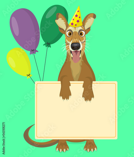 Cartoon dog holds a greeting card for a children's holiday. Bright vector illustration with balloons. © Natasha Chernysheva