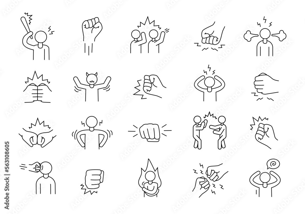 Angry people fight. Fist punch. Thin line symbols. Frustrated persons. Crazy stress icons. Aggressive or anger man yell. Strength impact. Control of emotions. Vector recent pictograms set