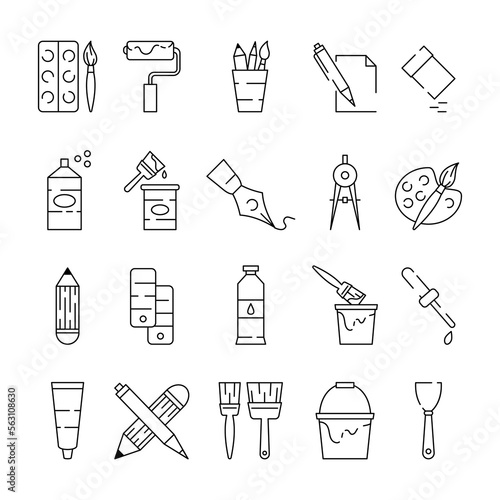 Painting tools. Art icons. Paint brush and ink bottle. Line painter symbols. Paintbrush or pen. Pigment and wall decorator roller. Bucket for DIY house. Vector illustration pictograms set