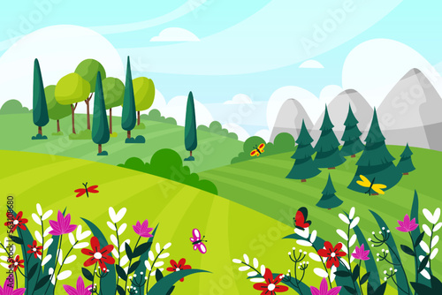 Spring forest landscape. Nature panorama with mountains and green hills. Season scenery of park lawns. Countryside flowers. Meadow plants. Village lands. Vector cartoon garish background