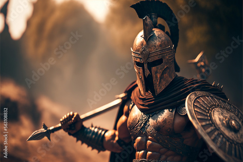Fotografie, Obraz Illustration of spartan warrior in armor with shield and sword, antique Greek mi