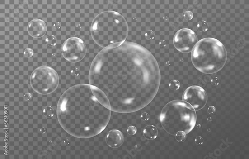 Transparent 3d water soap, foam air bubbles. Realistic circle wash balls drops, liquid reflection, dreamy glossy spheres. Laundry detergent. Vector abstract neoteric illustration