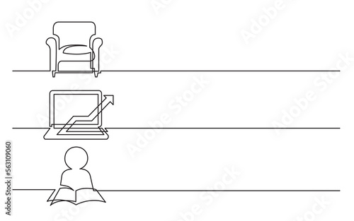 continuous line drawing vector illustration with FULLY EDITABLE STROKE of armchair laptop computer arrow reader person