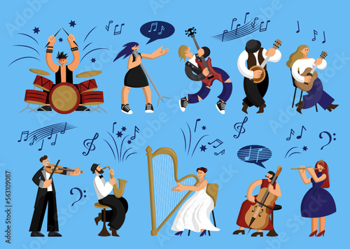 Doodle musicians, jazz music people. Cute funny band, art notes, woman and man characters, cartoon sketch style drummer and singer, vocalist and saxophonist. Vector illustration current set © Natalia