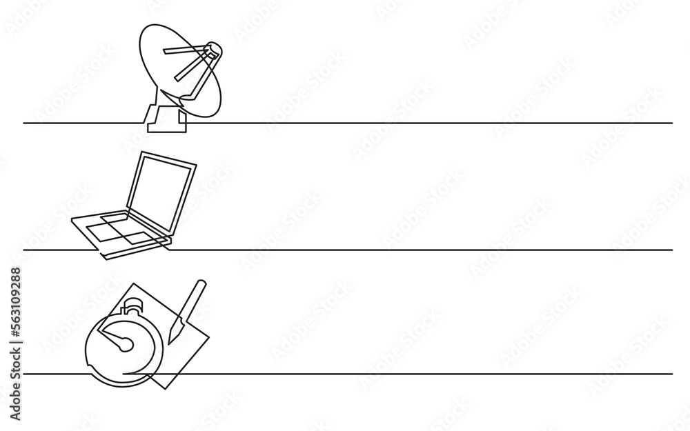 continuous line drawing vector illustration with FULLY EDITABLE STROKE of satelite antena laptop stop watch