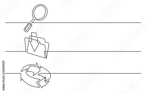 continuous line drawing vector illustration with FULLY EDITABLE STROKE of looking glass download folder arrows