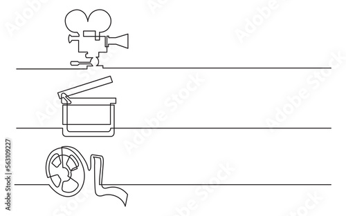 continuous line drawing vector illustration with FULLY EDITABLE STROKE of movie camera clap board film tape