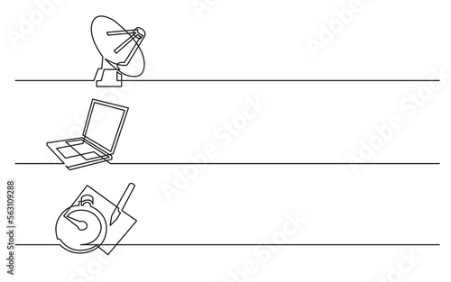 continuous line drawing vector illustration with FULLY EDITABLE STROKE of satelite antena laptop stop watch