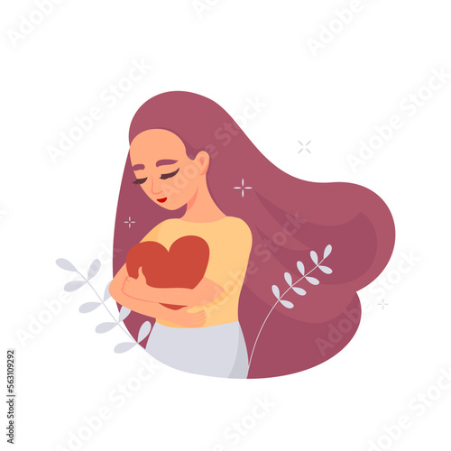 Self care concept. Woman hugging heart, acceptance and self love. Positive psychology, optimism and mental health.