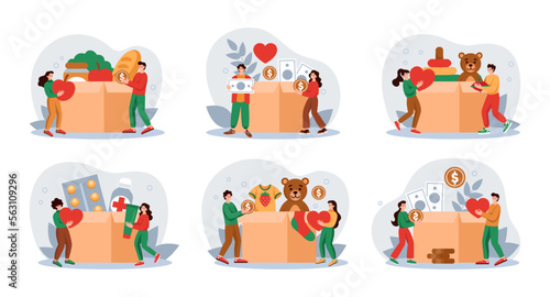 Charity donation. Food and clothing donate. Donating box. People giving coins or medicines. Humanitarian assistance. Philanthropy and volunteering. Vector illustration concepts set