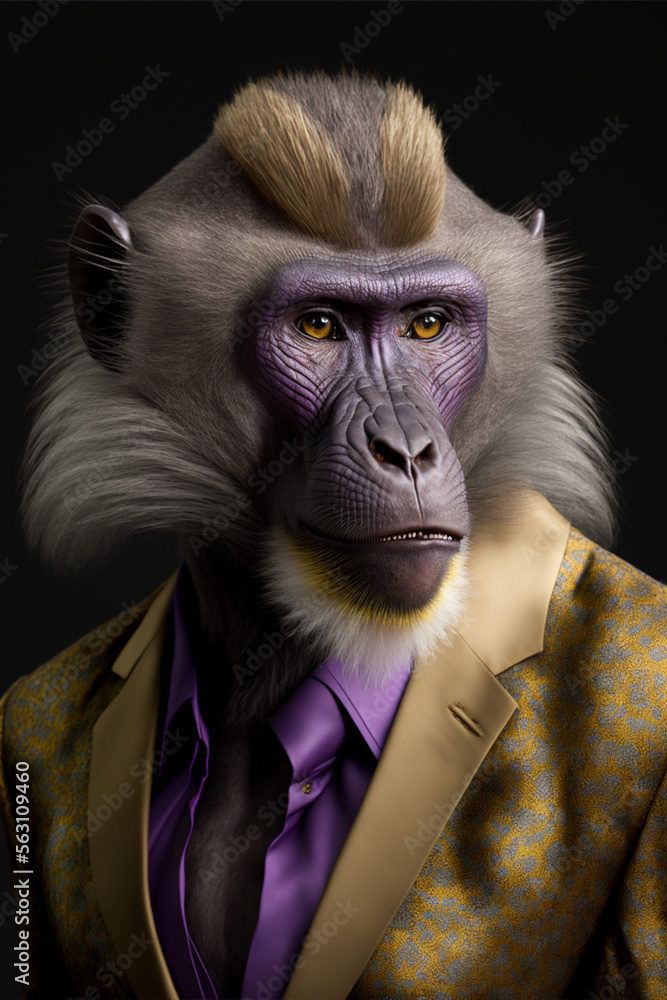 front facing studio photograph of a beautiful majestic Baboon monkey