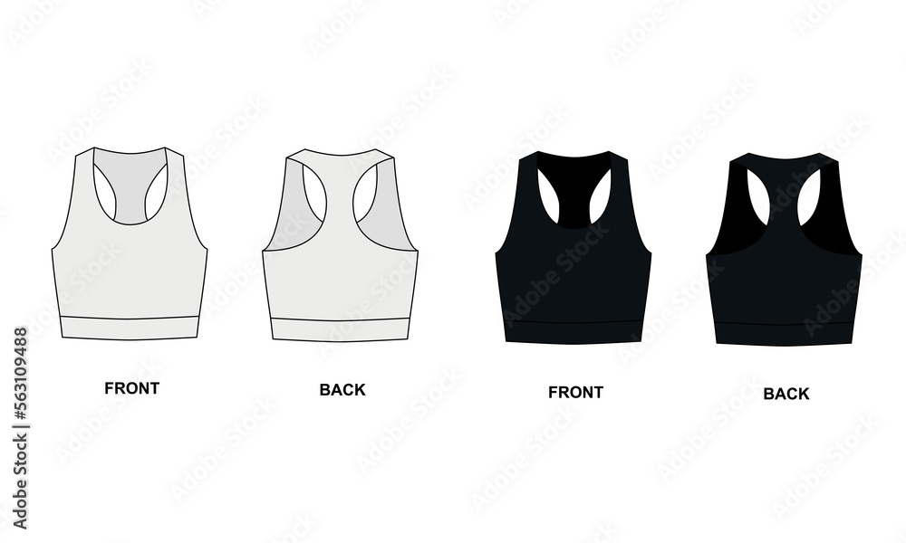 Women's sports cropped top front and back view vector template for design. Technical drawing of white and black sports jerseys. Sketch sports bra for swimming, diving, fitness, cycling, running, yoga Women's sports cropped top front and back view vector template for design. Technical drawing of white and black sports jerseys. Sketch sports bra for swimming, diving, fitness, cycling, running, yoga
