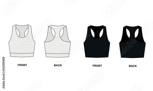 Women's sports cropped top front and back view vector template for design. Technical drawing of white and black sports jerseys. Sketch sports bra for swimming, diving, fitness, cycling, running, yoga