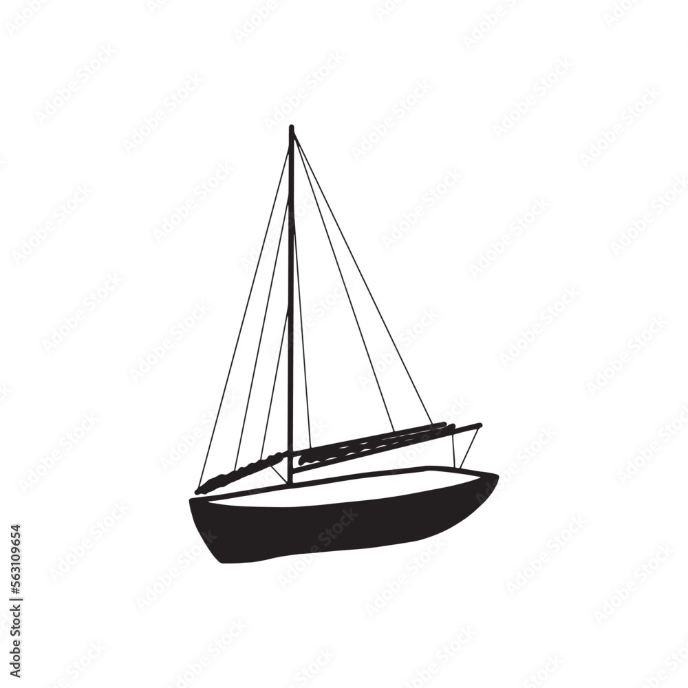 Fishing boat black silhouette. Small ships in flat design. Kid toy style. Vector illustration on white background
