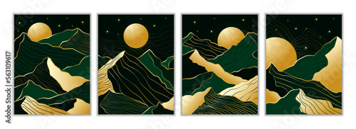 Mountains posters. Green and gold foil luxury backgrounds. Line glitter abstract forest, golden modern mural, sun and rock peaks, wallpaper, prints for textile. Vector garish illustration