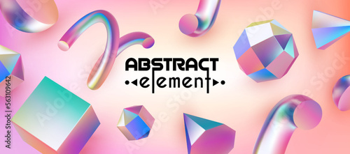 3d neon geometric background. Render abstract shapes. Gradient geometry cube and triangle figure, balls and lines, holographic metal square. Vector minimal banner or poster exact elements