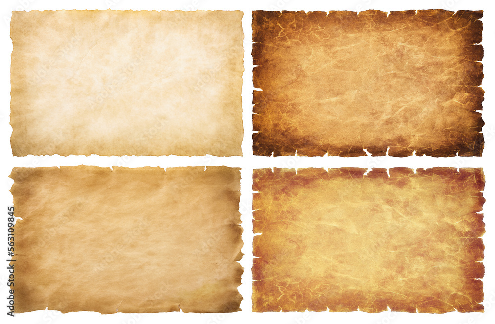 collection set old parchment paper sheet vintage aged or texture isolated on white background