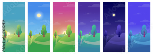 Sun day, afternoon and night, morning sky. Sunrise and sunset landscape. Evening and daytime, parts of noon. Tree in field, summer time, vertical posters. Vector cartoon meadow recent set