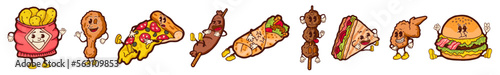 Junk food cartoon characters. Funny unhealthy food mascot persons with hands legs and faces. French fries and pizza, tasty burger and burrito for menu. Delivery and cafe stickers. Vector set
