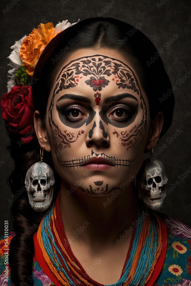 Dia de los muertos, Mexican holiday of the dead and halloween. Woman with sugar skull make up and flowers. This image is generated with generative AI
