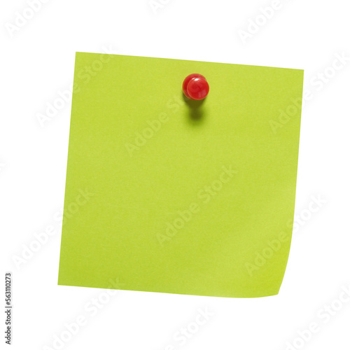 Green paper note sticker with red pin in PNG isolated on transparent background
