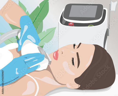 Illustration. Epilation hair removal procedure on a woman’s face. Beautician doing laser rejuvenation in a beauty salon. Removing unwanted body hair.	