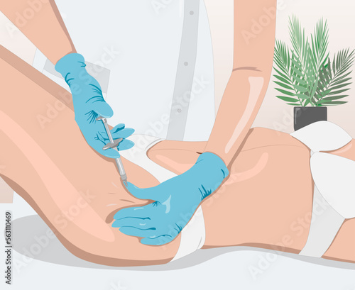 Illustration. Aesthetic cosmetologist makes lipolytic injections to burn fat on the legs and body of a woman. Female aesthetic cosmetology in a beauty salon.Cosmetology concept	