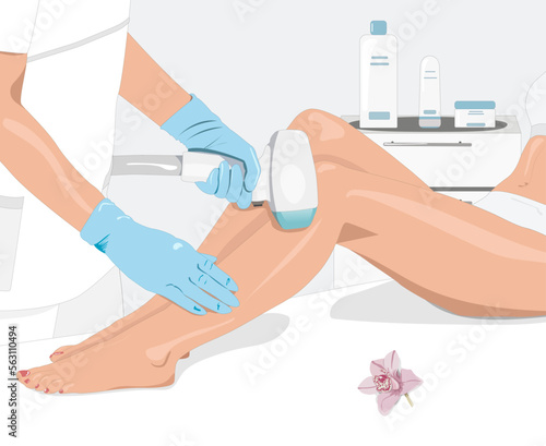 Illustration.Elos epilation, hair removal procedure on a woman’s body. Beautician doing laser rejuvenation in a beauty salon. Removing unwanted body hair.