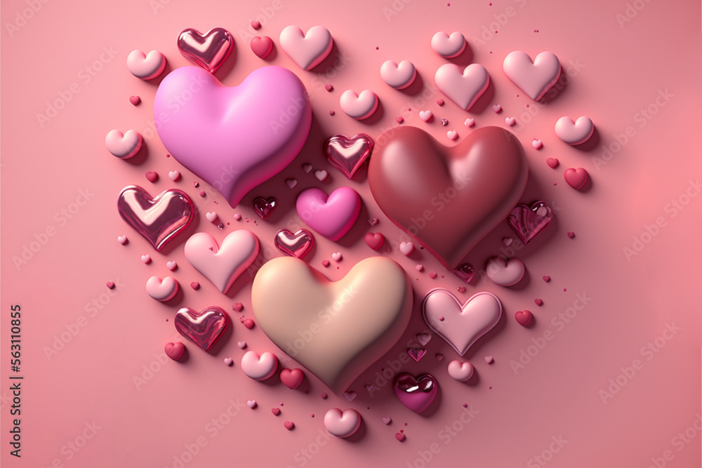 A beautiful display of pink hearts, rendered with stunning detail and textured surfaces