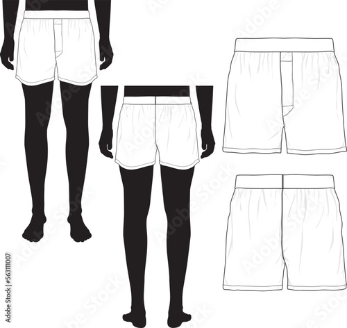 BOXER SHORTS UNDERWEAR FASHION BLANK FLAT SKETCH TEMPLATE SET MOCKUP	
