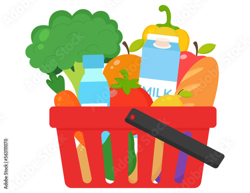 Red grocery shopping basket full of fresh food on white background. Healthy organic fresh and natural food. Concept for online grocery ordering. 