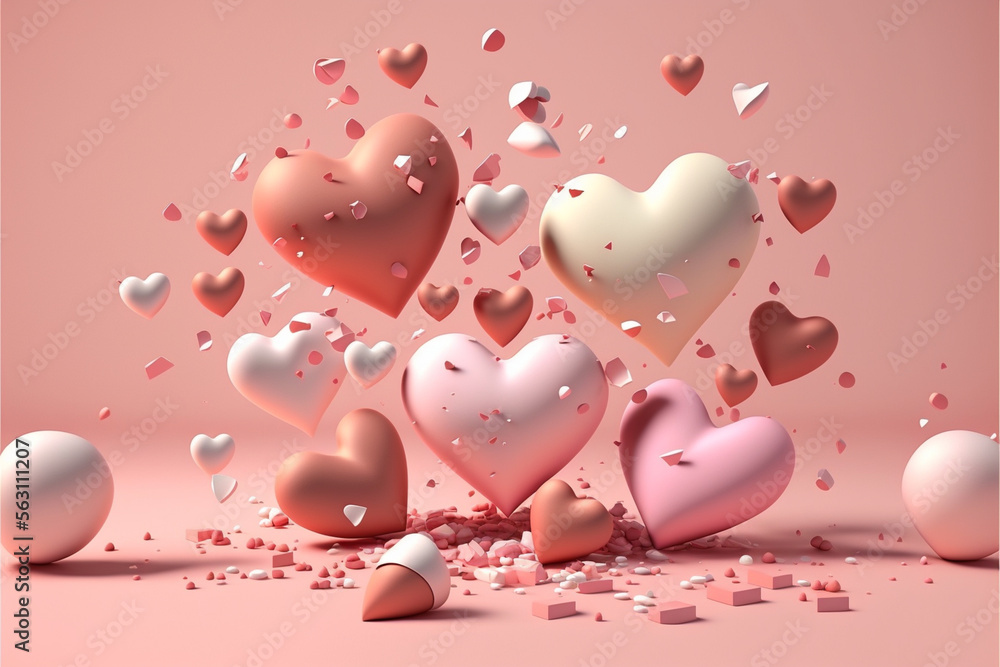 Pink hearts, rendered with detailed textured surfaces and beauty to the visual