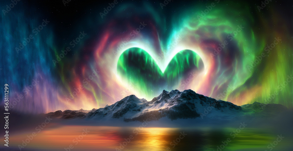 Valentines day, love celebration. Heart shaped Aurora bolearis lights on sky, snowy mountain landscape. AI generative
