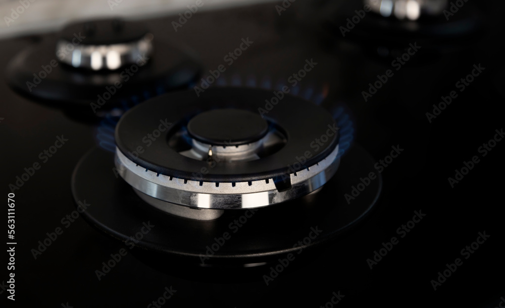 Natural gas burns on a kitchen gas stove in the dark. Concept of problems with natural gas and rising price of natural gas. Natural gas burns on a kitchen gas stove in the dark. Concept of problems with natural gas and rising price of natural gas.