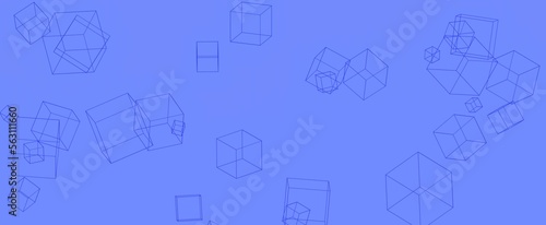 Scattered mesh cubes on blue background. Geometric falling squares in digital abstract 3d render design for banner and presentation