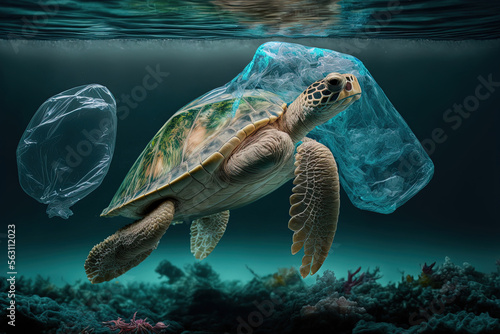 Turtle under the sea next to a plastic bag. Generative AI