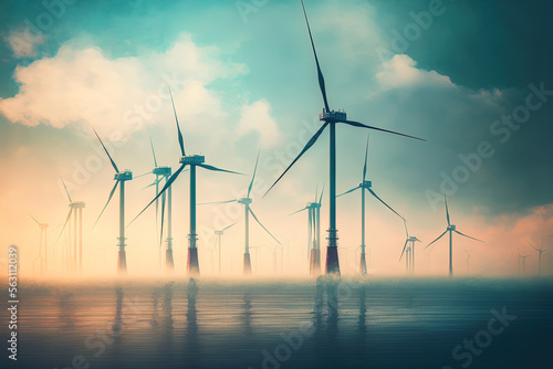 Floating wind turbines installed in sea. Alternative energy source generative AI