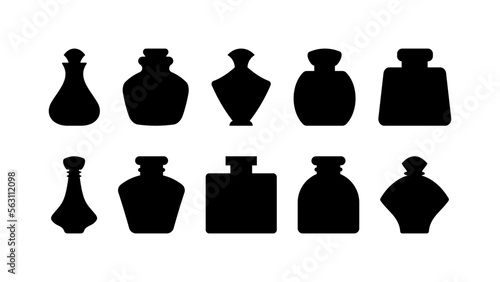 Perfume and alchemical bottles with cork silhouette set. Retro medical container for storing liquid medicines and beverage. Vintage jar for magic potions and vector ink
