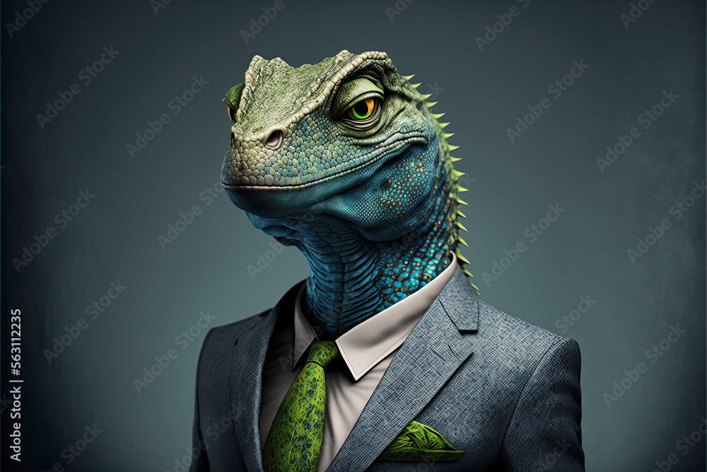 reptile alien in business suit, ai generative midjourney illustration in cartoon style
