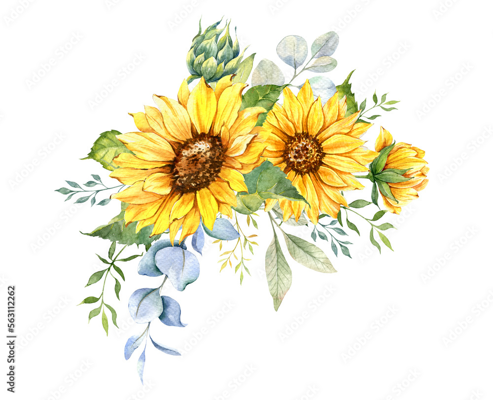 Naklejka premium Watercolor sunflowers bouquet, hand painted sunflower bouquets with greenery, sunfower flower arrangement. Wedding invitation clipart elements. Watercolor floral. Botanical Drawing. White background. 