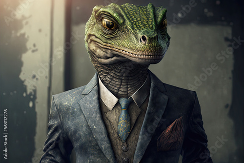 reptile alien in business suit, ai generative midjourney illustration in cartoon style