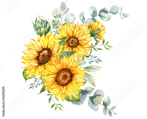 Fototapeta Naklejka Na Ścianę i Meble -  Watercolor sunflowers bouquet, hand painted sunflower bouquets with greenery, sunfower flower arrangement. Wedding invitation clipart elements. Watercolor floral. Botanical Drawing. White background. 