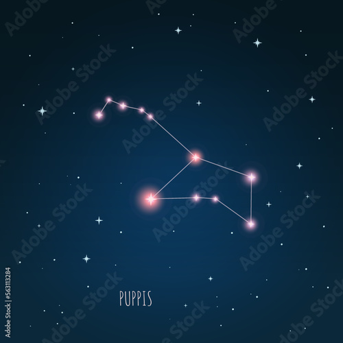 Constellation scheme in starry sky. Open space. Vector illustration Puppis constellation through a telescope