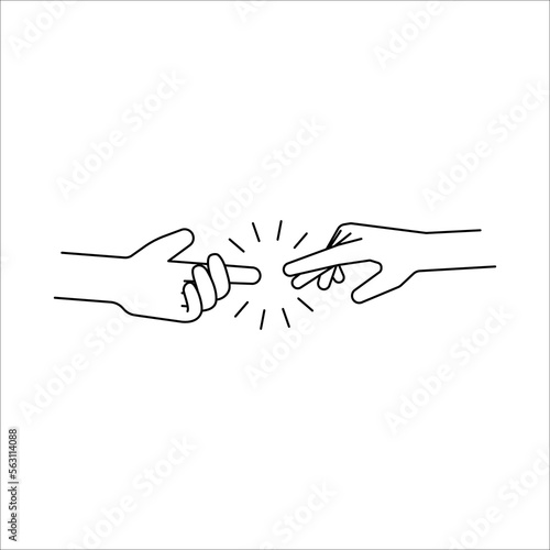 Vector illustration depicting two hands reaching out towards each other. Informal greeting. Black and white sketch of hands. A greeting expressing friendliness, support, unity, and reconciliation.